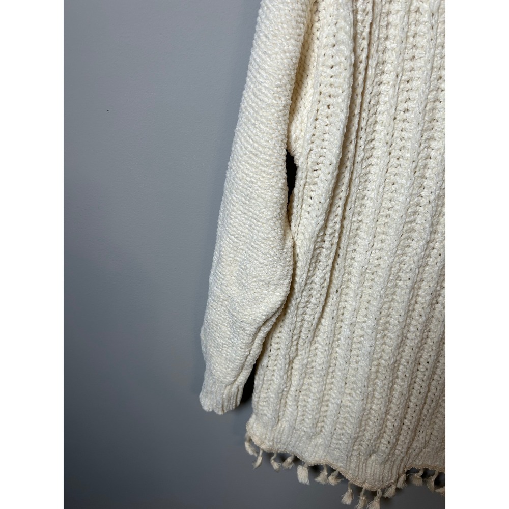 Cream White Chenille Ribbed Knit Tassel Fringe Pullover Sweater XL - Picture 2 of 5